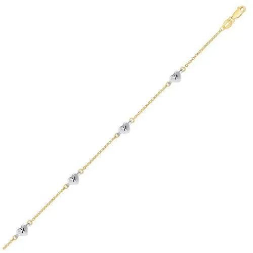 14k Two Tone Gold Anklet with Diamond Cut Heart Style Stations, size 10''