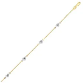 14k Two Tone Gold Anklet with Diamond Cut Heart Style Stations, size 10''