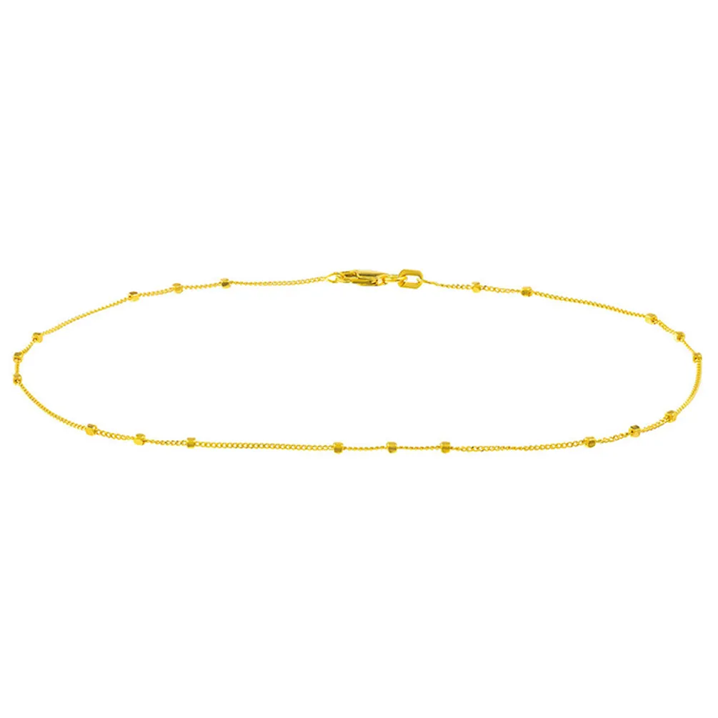 14K Yellow Gold 1.35mm Triple Bead Saturn Chain Anklet with Lobster Lock, 10"