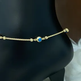 14K Yellow Gold Happy Face Blue Anklet With Zircons / 5gr / 1.4mm / 9in