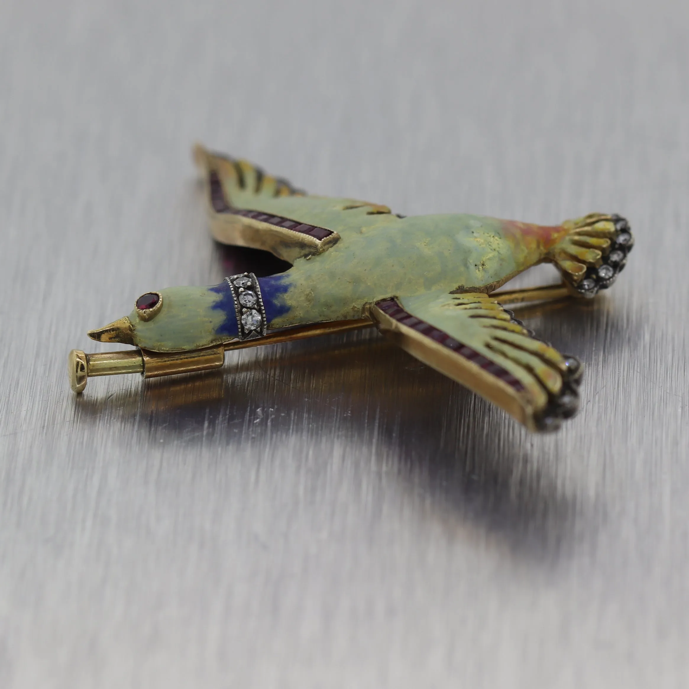 1890 Antique Victorian 18k Yellow Gold Silver Enamel & Diamond Bird Brooch Pin