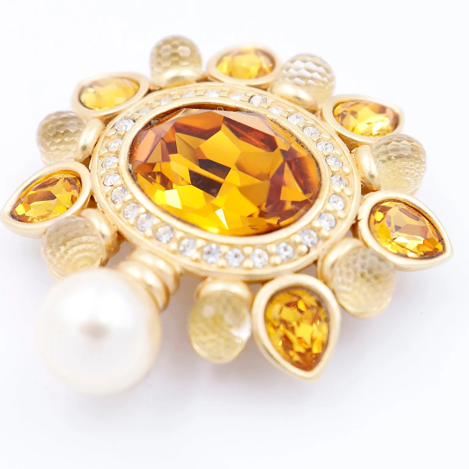 1990s Swarovski Faceted Amber & Clear Crystal Brooch w Pearl Drop