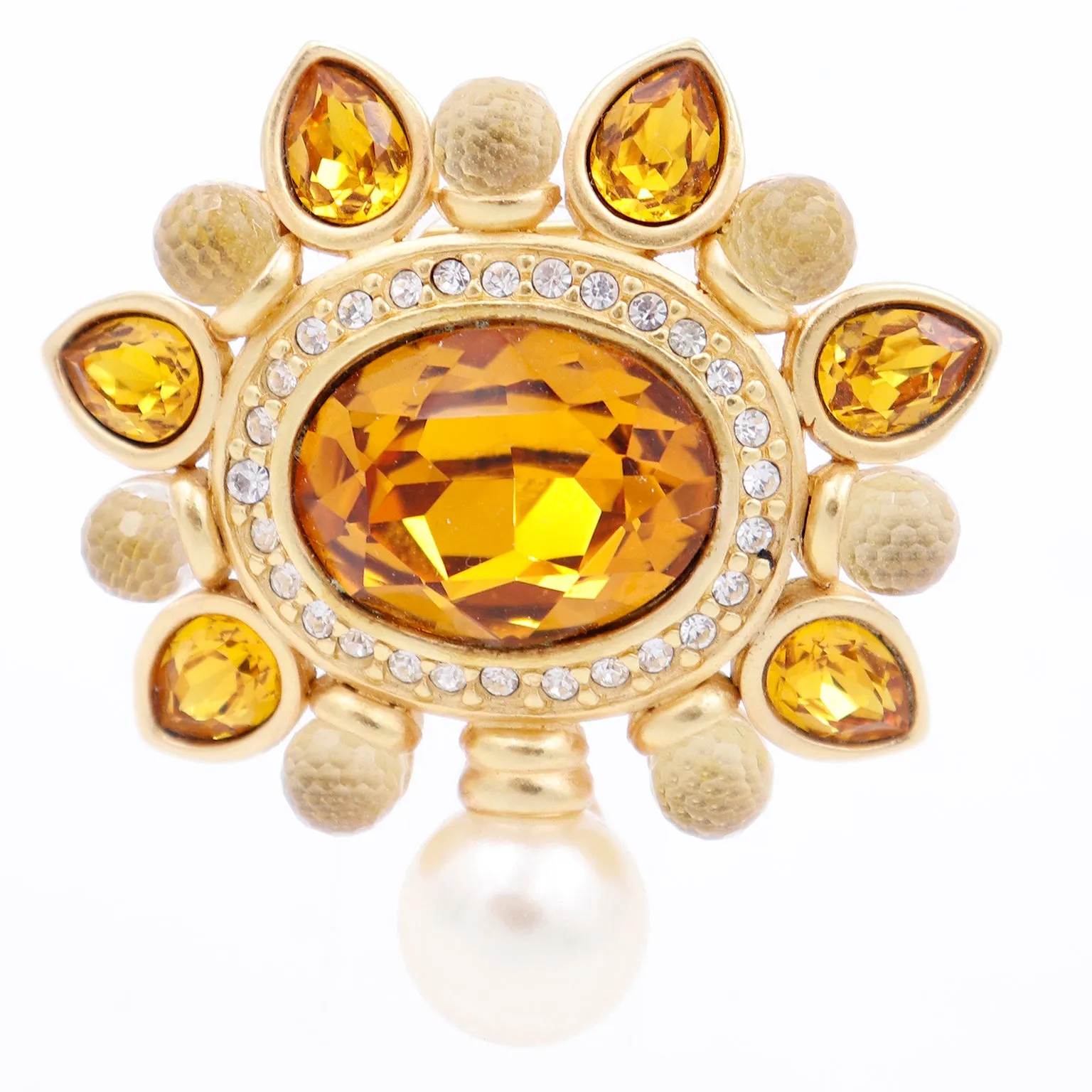 1990s Swarovski Faceted Amber & Clear Crystal Brooch w Pearl Drop