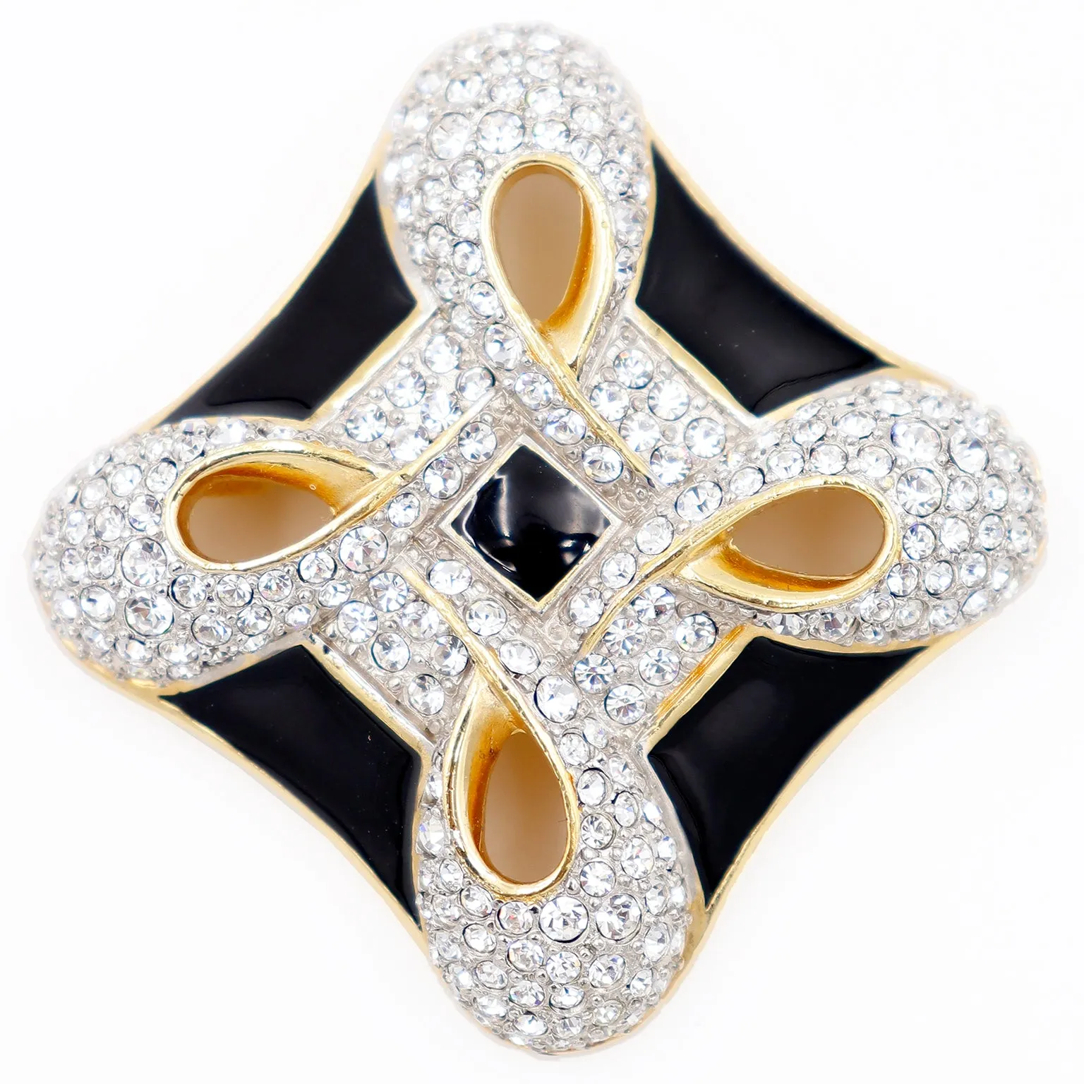 1990s Vintage Swarovski Crystal Brooch w Black Enamel