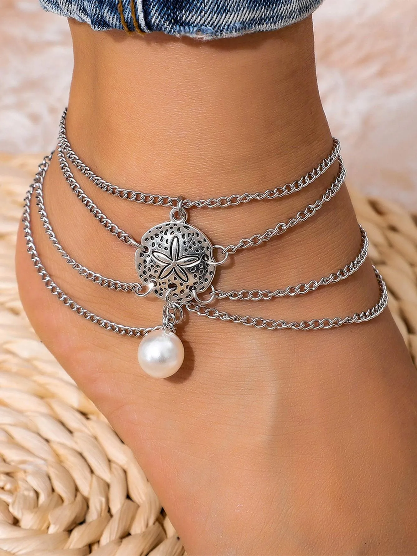 1pc Fashion Zinc Alloy Faux Pearl & Flower Pattern Anklet Chain For Women For Travel