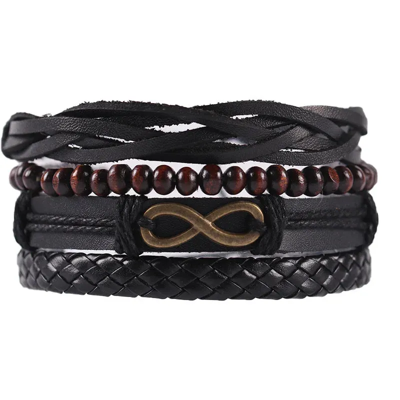 4Pcs/ Set Braided Wrap Leather Bracelets for Men Vintage Life Tree Rudder Charm Wood Beads Ethnic Tribal Wristband Rope Bracelet