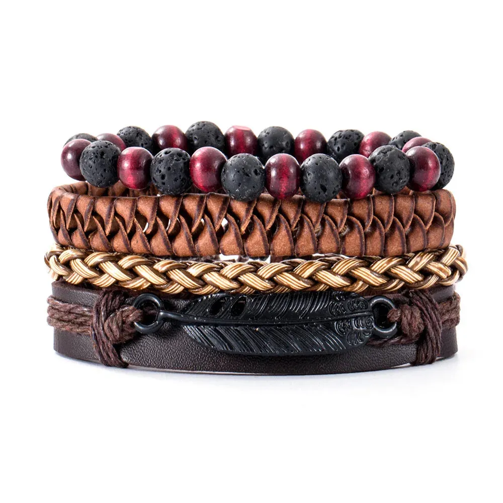 4Pcs/ Set Braided Wrap Leather Bracelets for Men Vintage Life Tree Rudder Charm Wood Beads Ethnic Tribal Wristband Rope Bracelet