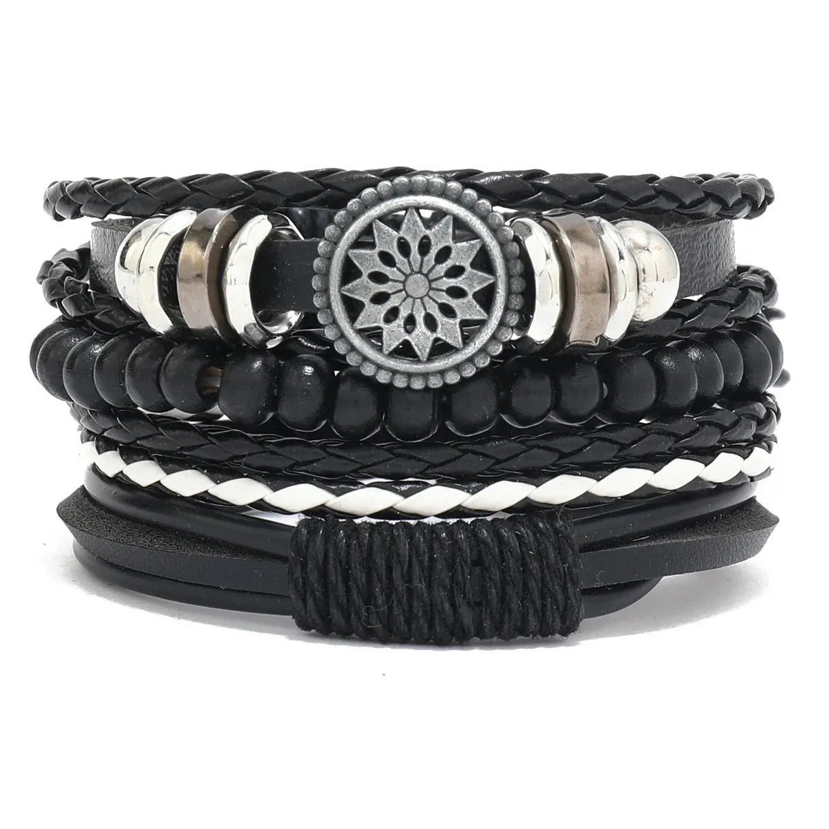 4Pcs/ Set Braided Wrap Leather Bracelets for Men Vintage Life Tree Rudder Charm Wood Beads Ethnic Tribal Wristband Rope Bracelet