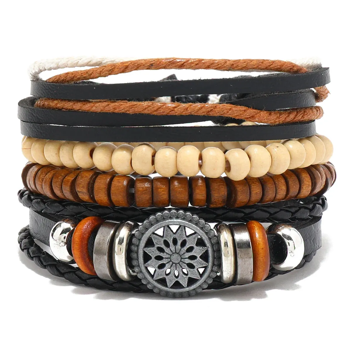 4Pcs/ Set Braided Wrap Leather Bracelets for Men Vintage Life Tree Rudder Charm Wood Beads Ethnic Tribal Wristband Rope Bracelet