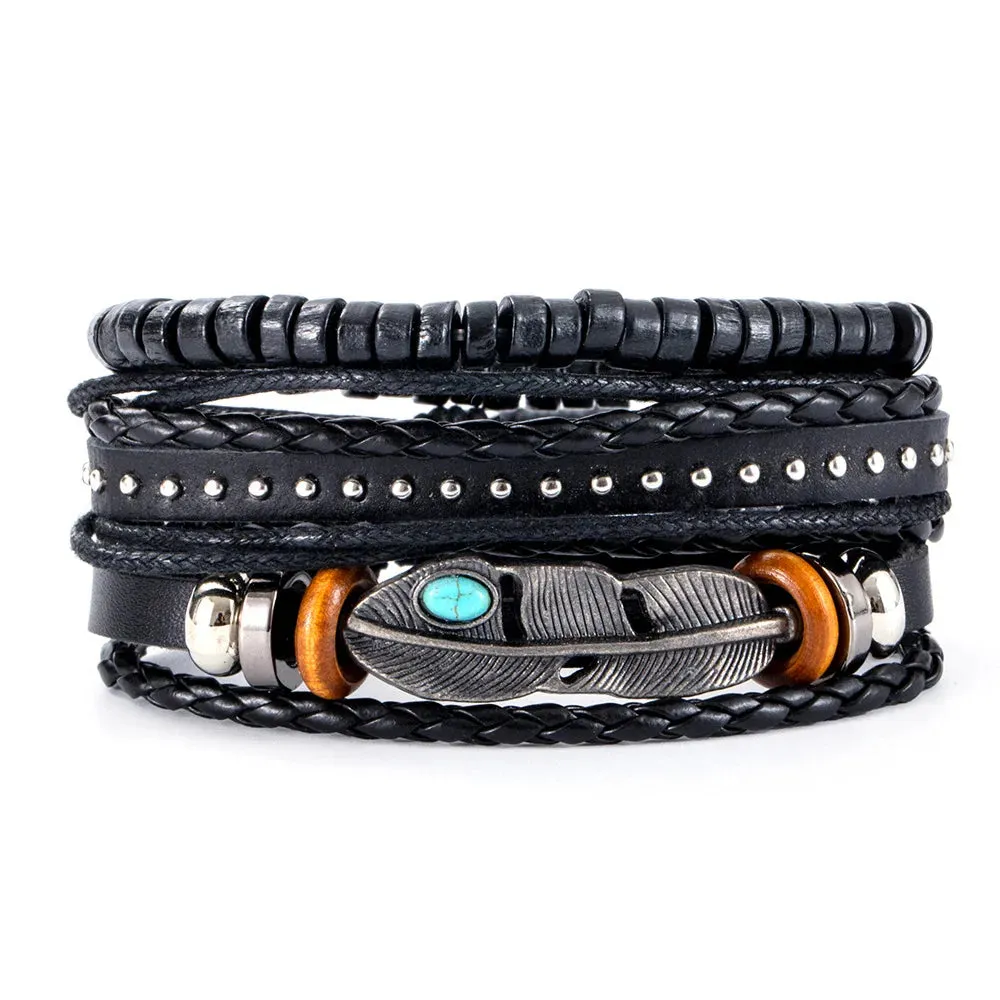 4Pcs/ Set Braided Wrap Leather Bracelets for Men Vintage Life Tree Rudder Charm Wood Beads Ethnic Tribal Wristband Rope Bracelet