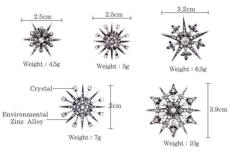 5pcs Geometric Snowflake, Vintage Crystal Starburst Pin Brooch