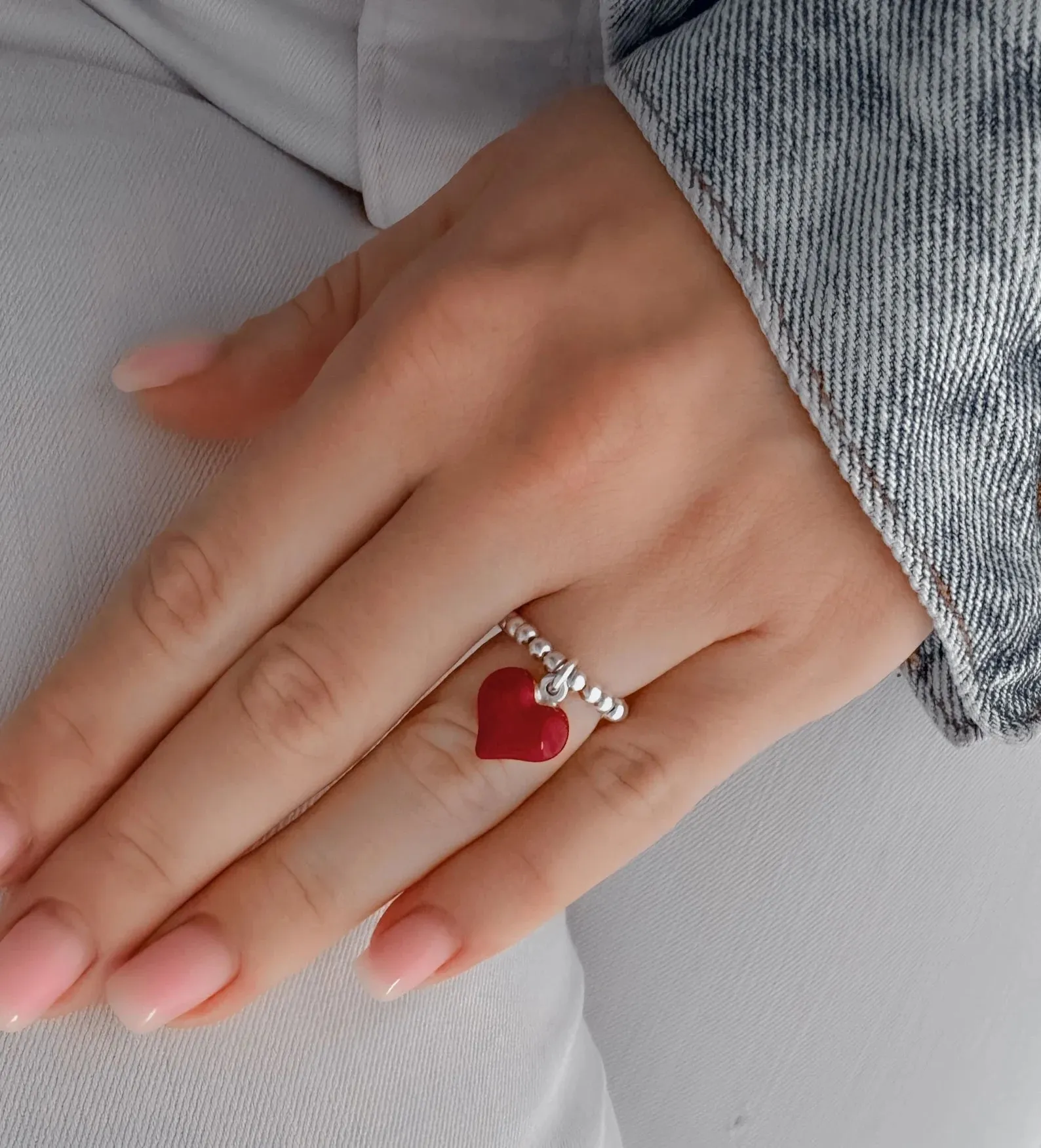 925 Sterling Silver Stretch Red Puff Heart Charm Ring, Heart Charm Ring, Heart Charm, Women's Rings, Charm Rings