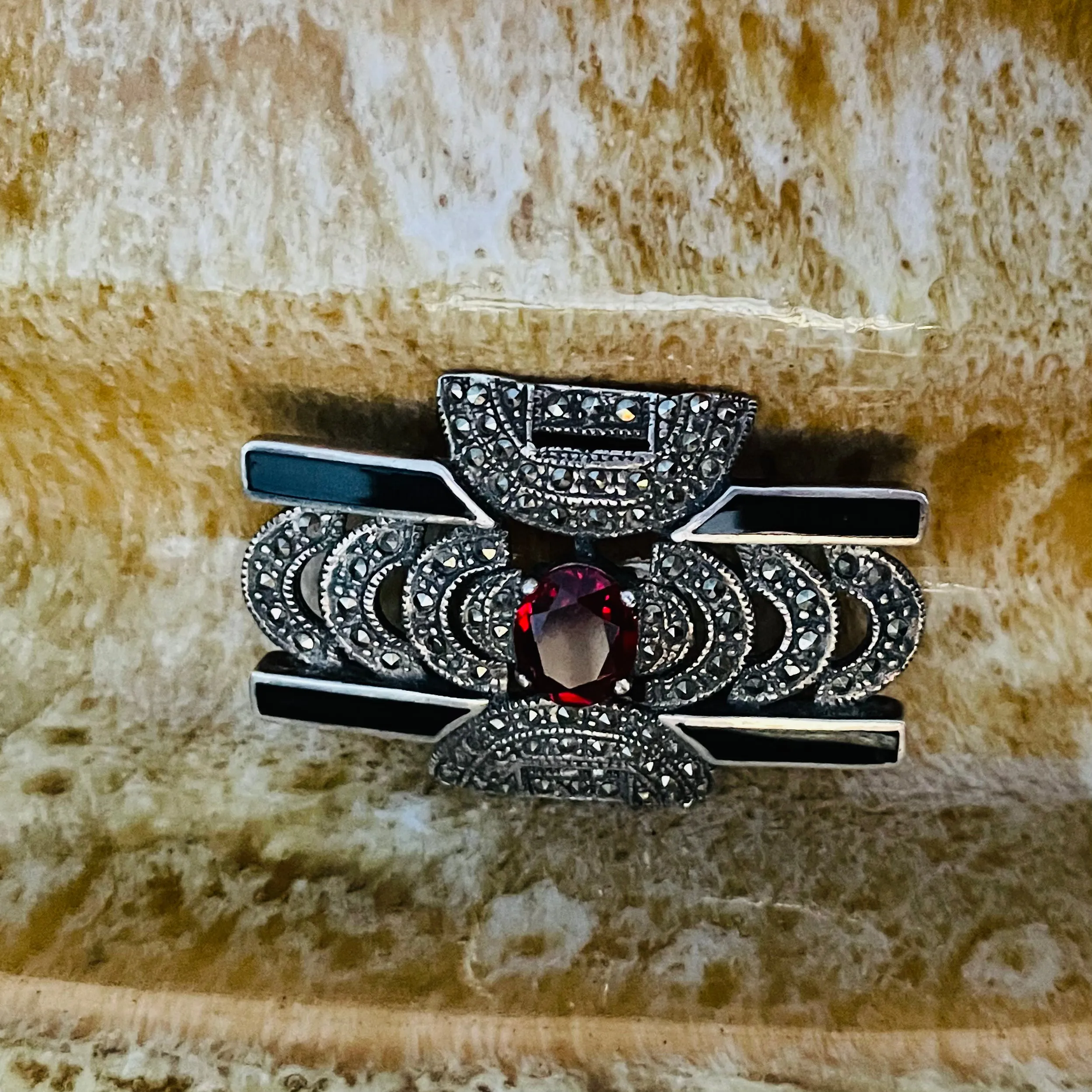 Antique Art Deco Sterling Silver 925 Marcasite Onyx Red Stone Brooch Pin 10.1g