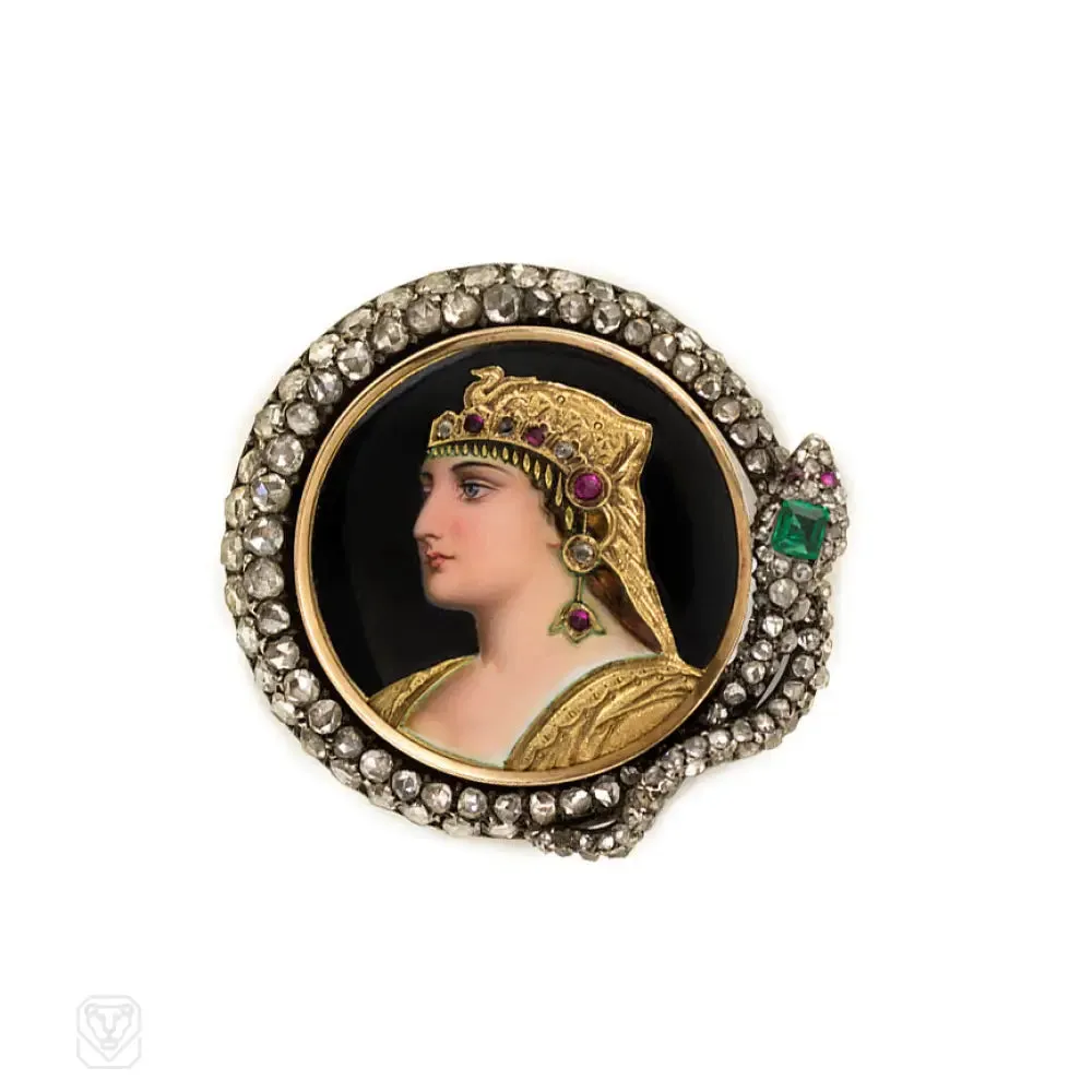 Antique enamel and gemset brooch of Cleopatra