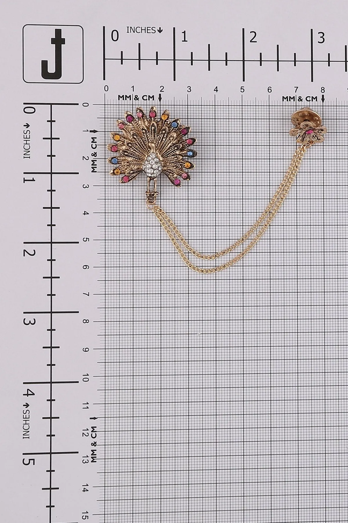 Antique Gold Decorative Multicolour Diamond Peacock Chain Brooch