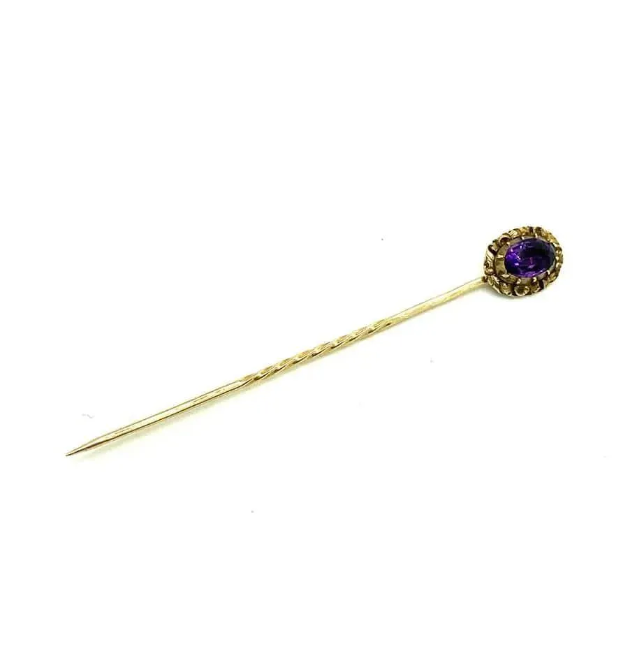 Antique Victorian Amethyst 9ct Cravat Tie Stick Pin Brooch