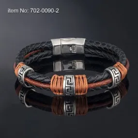 Axion Sterling Silver With Greek Key Motif  Genuine Leather Bracelet