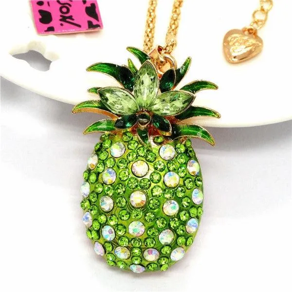 Betsey Johnson Green Crystal Golden Pineapple Gold Necklace