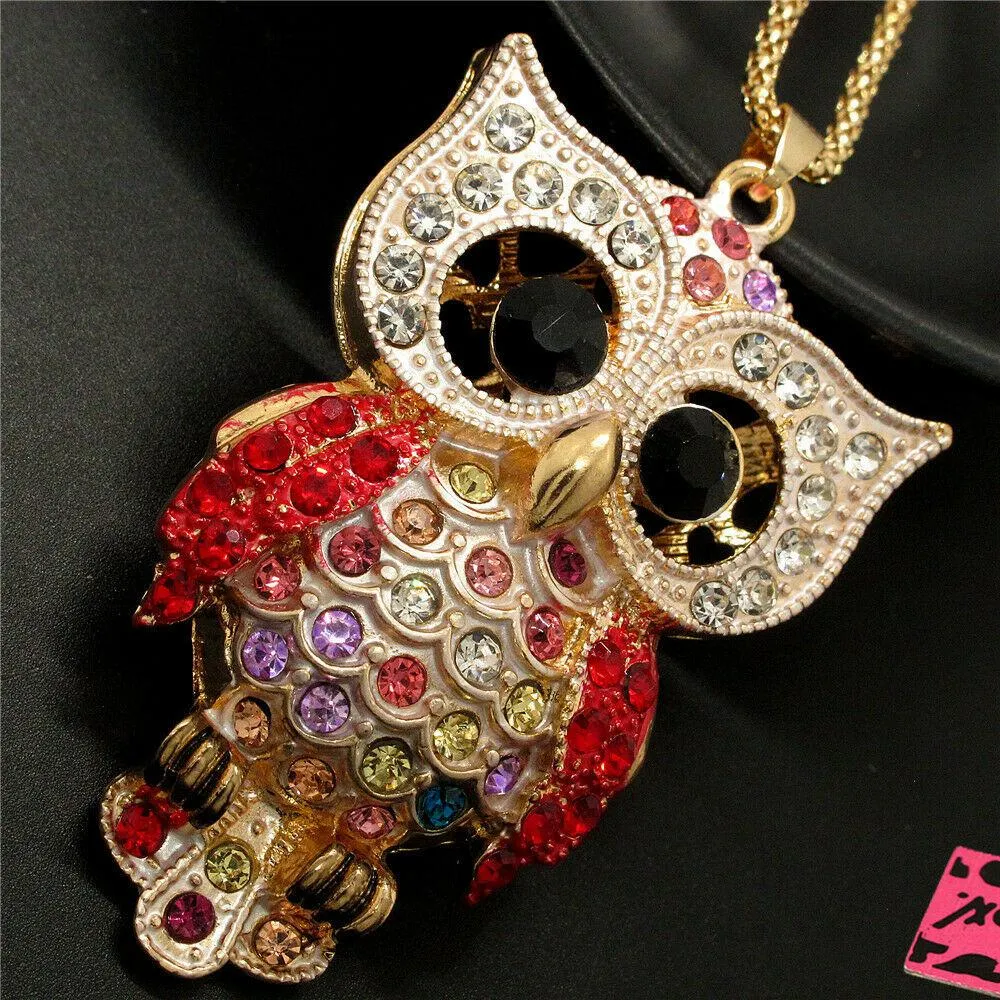 Betsey Johnson Owl Red Rhinestones Crystal Eyes Gold Necklace