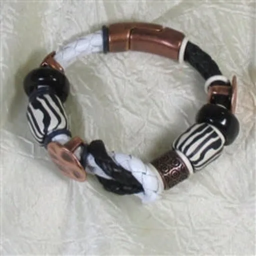 Black & White Leather Bracelet Handmade Zebra Accents