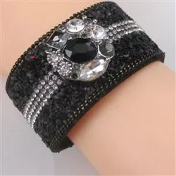 Black Leather Bracelet With Crystal Accent