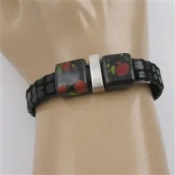 Black Leather Bracelet with Handmade Ceramic Accents