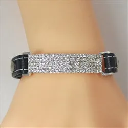 Black Leather Bracelet with Rhinestone Studded Bar