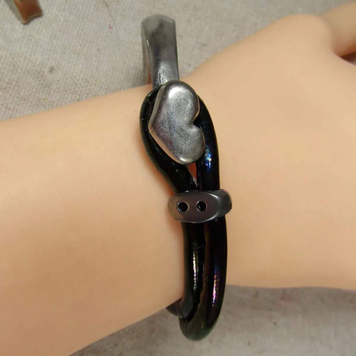 Black Leather Half Cuff Heart Bracelet