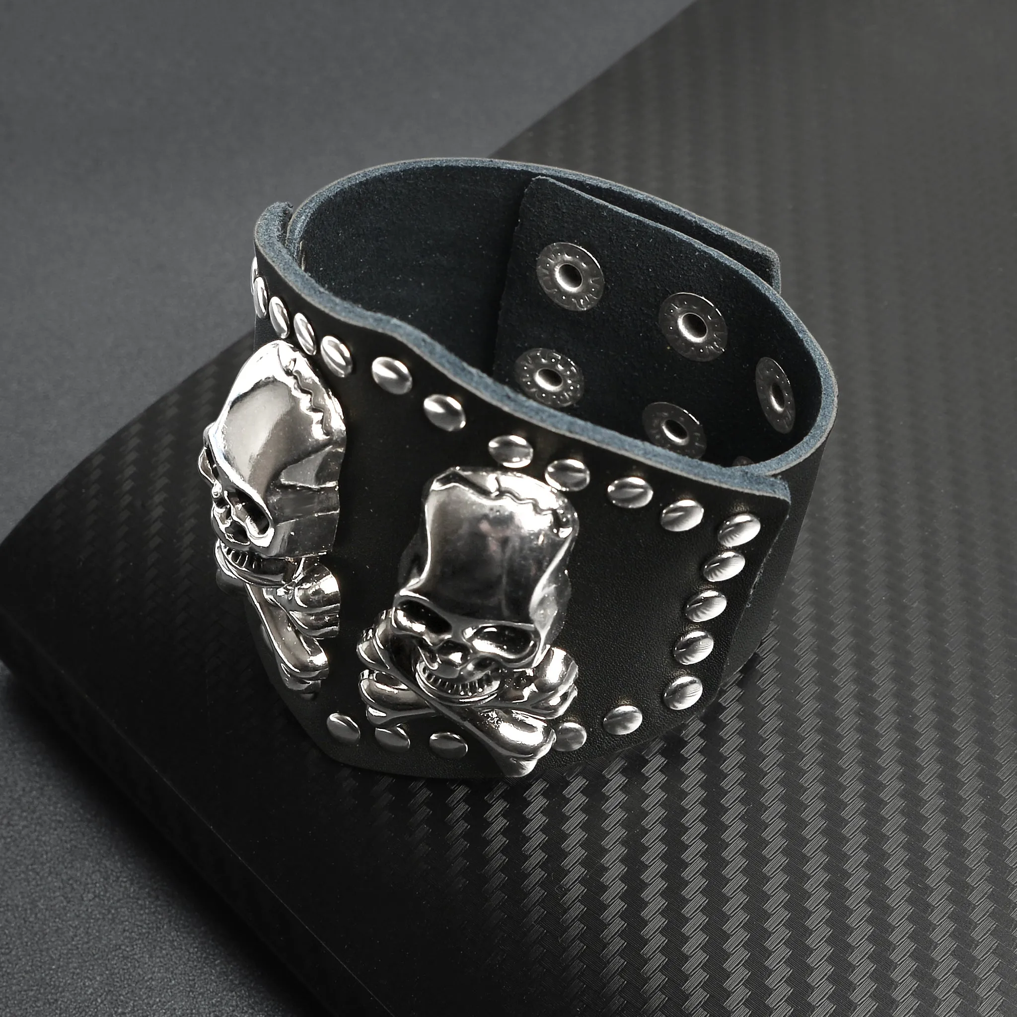 Black Leather Stainless Steel Double Skull And Crossbones Bracelet / LBJ12426