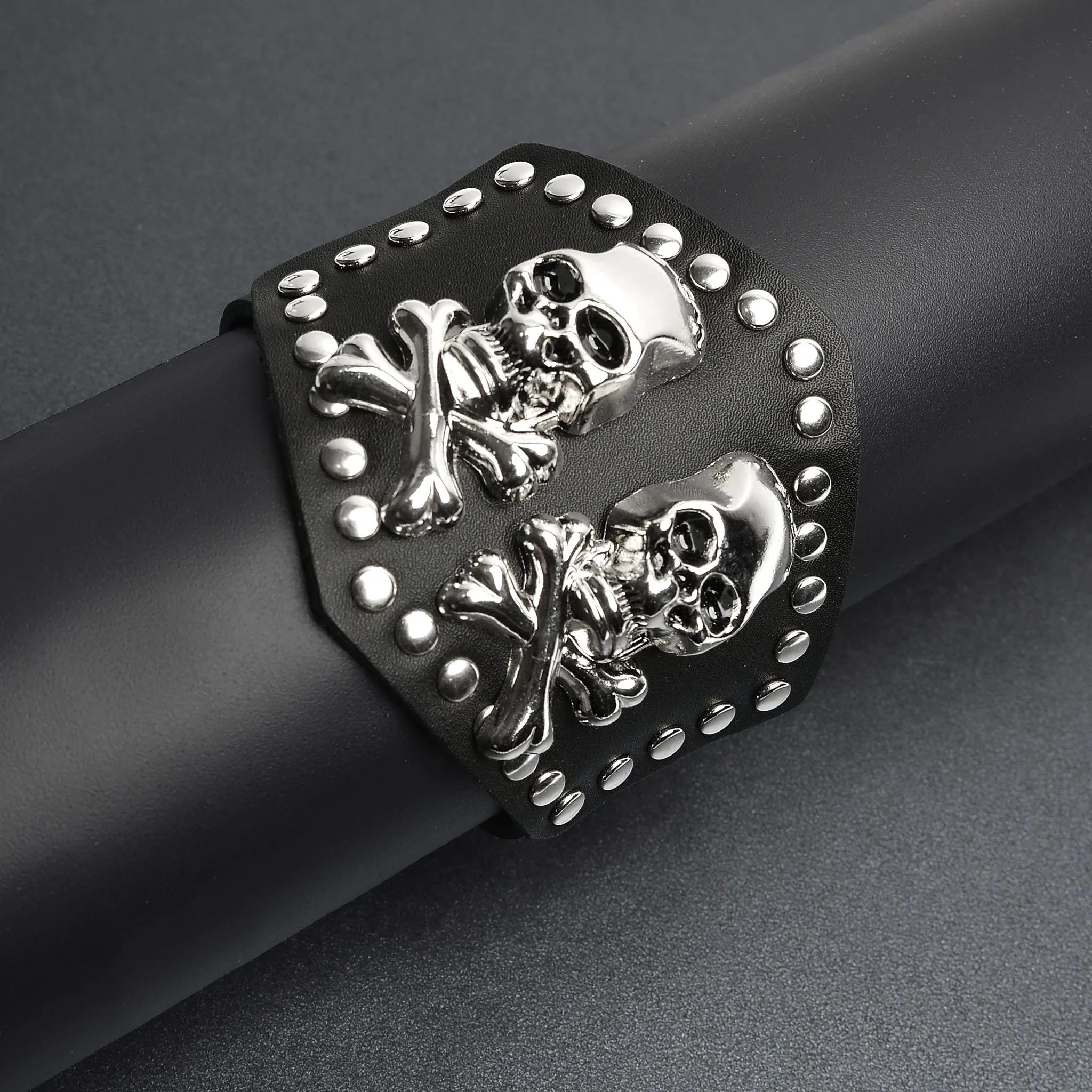 Black Leather Stainless Steel Double Skull And Crossbones Bracelet / LBJ12426