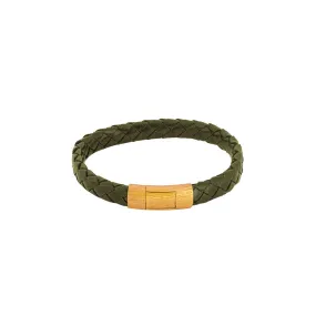 Braided Olive Green Mens Leather Bracelet Yellow Gold Vermeil Clasp