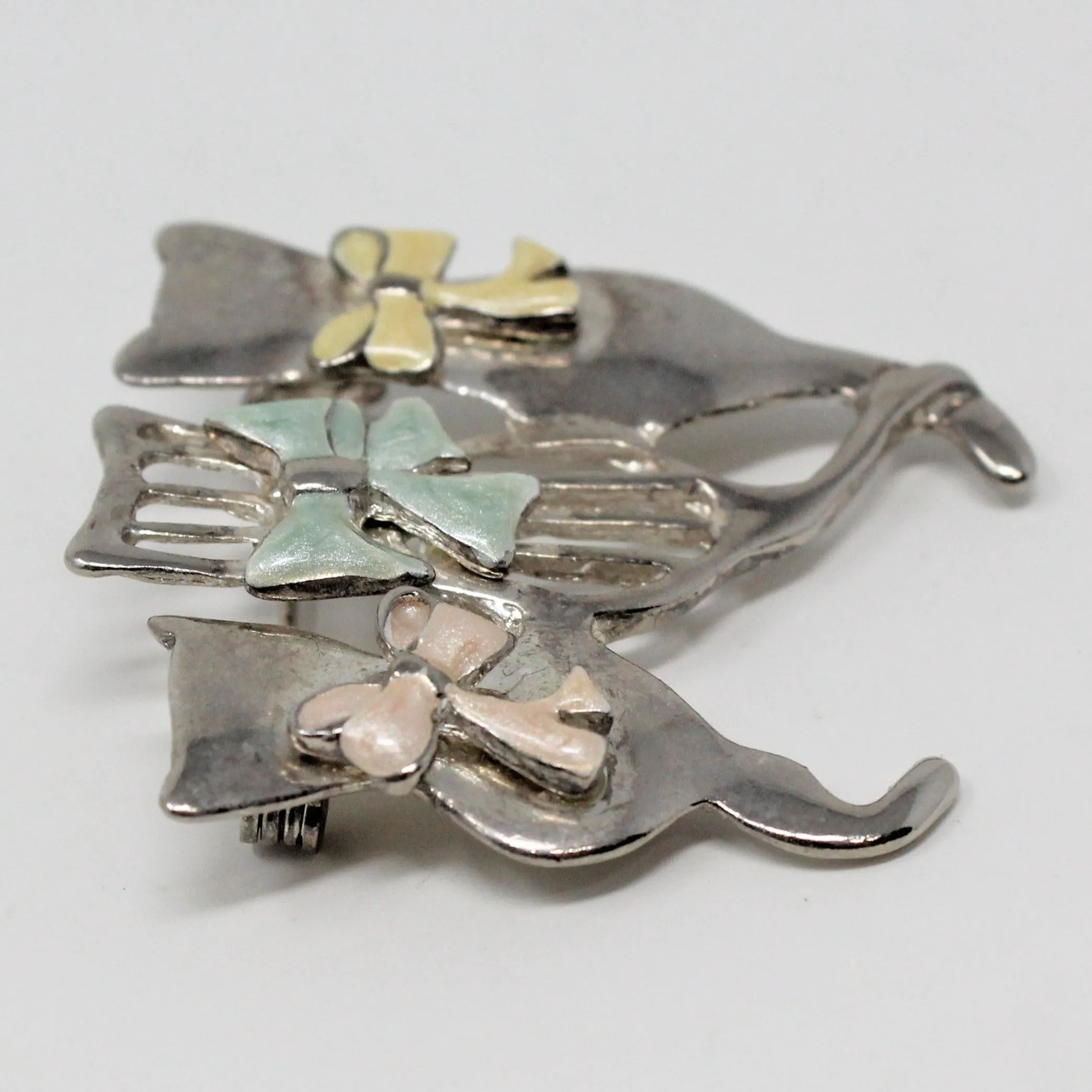 Brooch / Pin, Cat Trio with Pastel Enamel Bows, Silvertone, Vintage