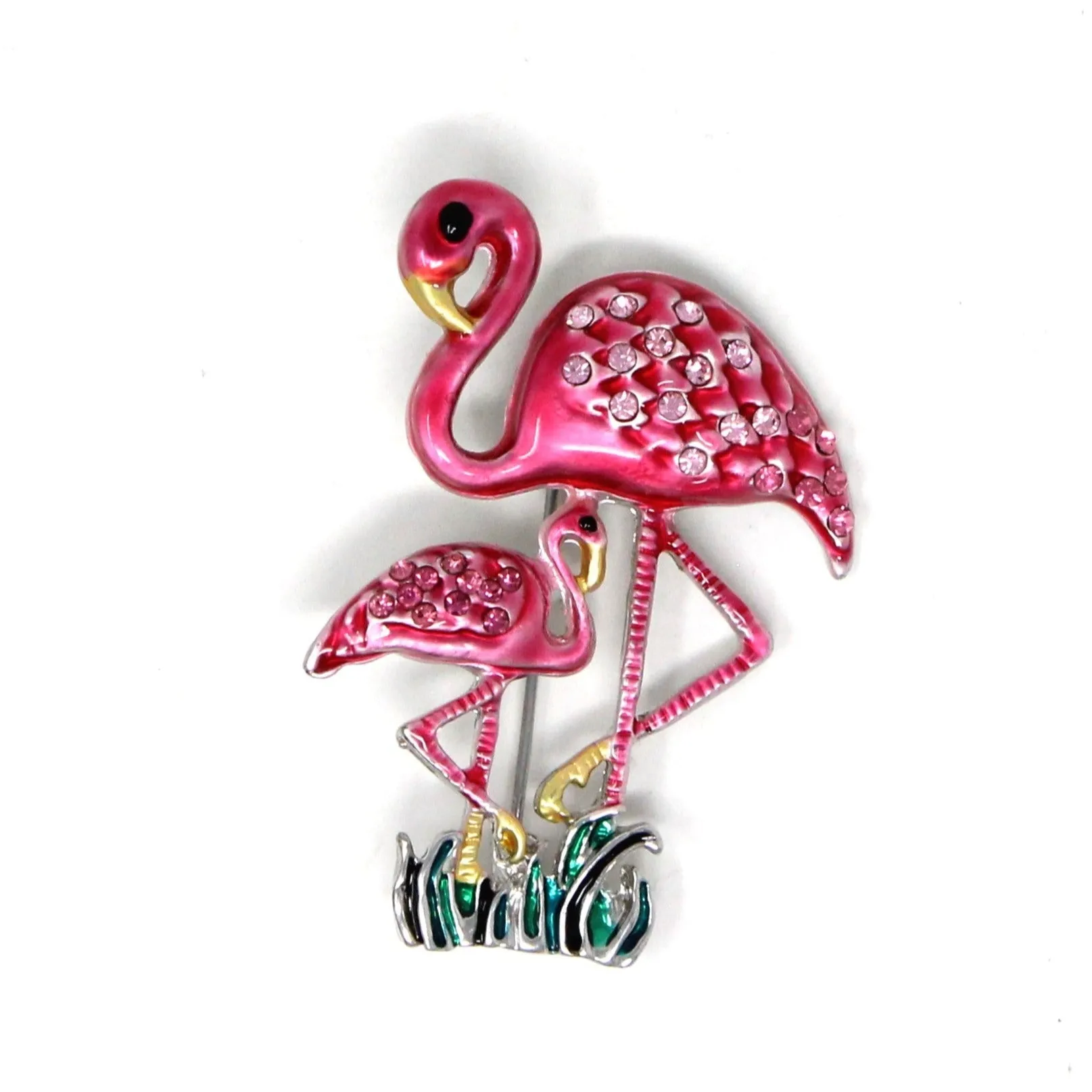 Brooch / Pin, Flamingo Mother & Chick, Pink Enamel & Rhinestones, Unmarked