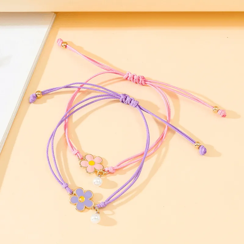 Children's 'Two Adjustable Flower Girl  Wish Bracelets/ Friendship Bracelets' with Presentation Card - Pink and Purple