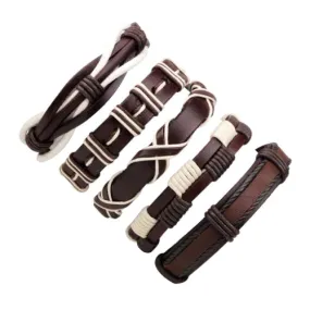 Classy Men Brown Leather Bracelet Set