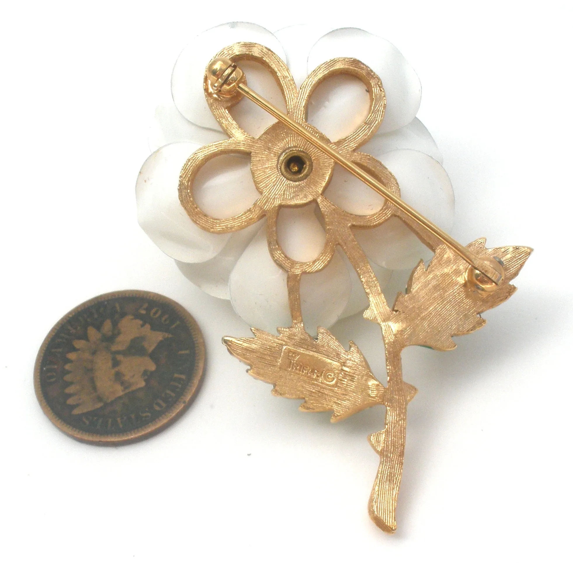 Crown Trifari White Enamel Flower Brooch Pin