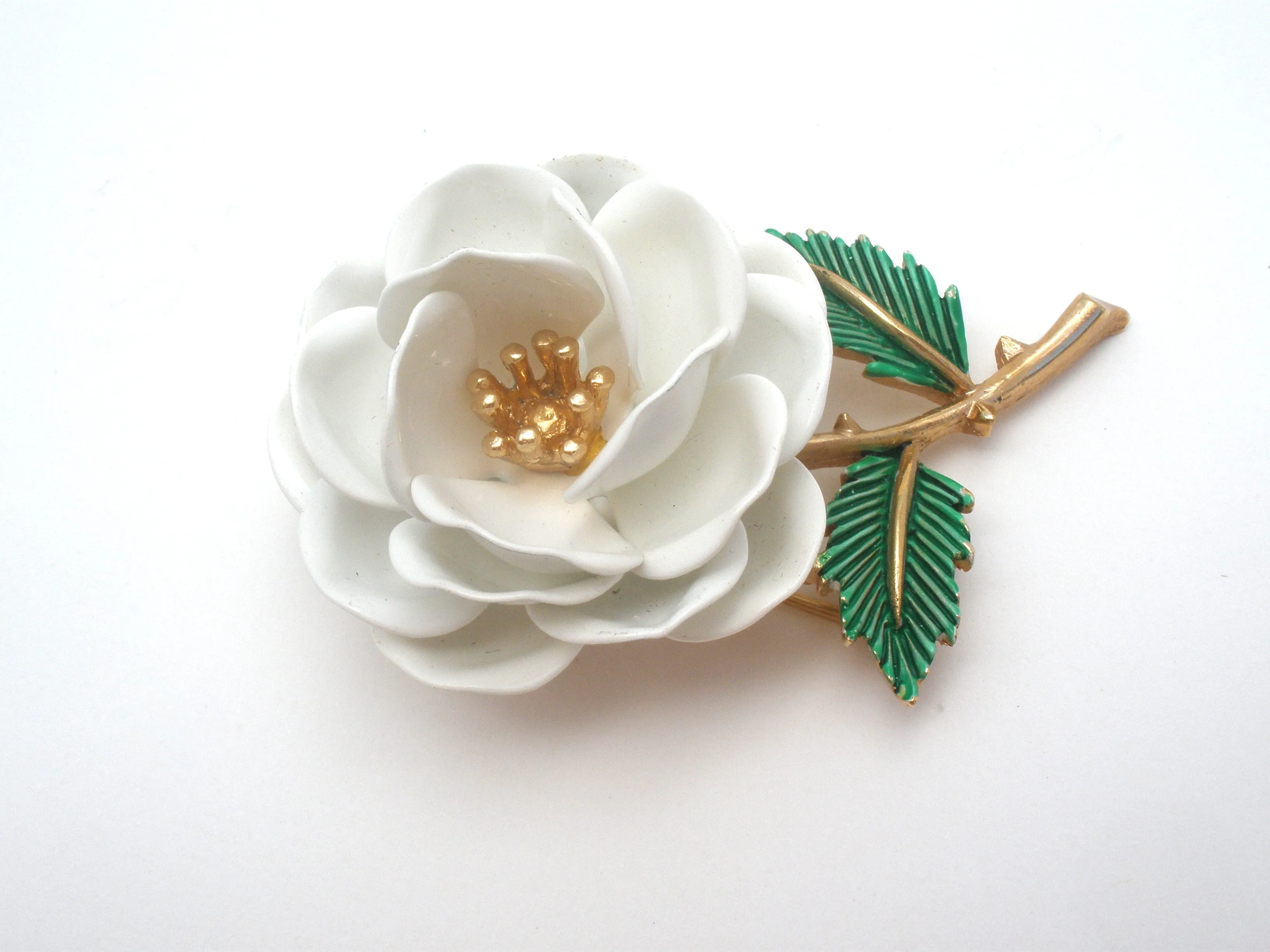 Crown Trifari White Enamel Flower Brooch Pin