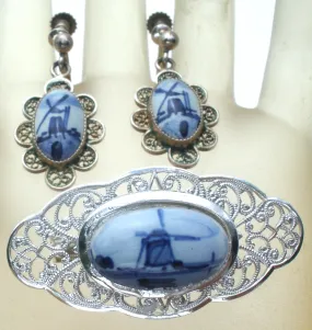 Delft Blue & White Earrings Brooch Set Vintage