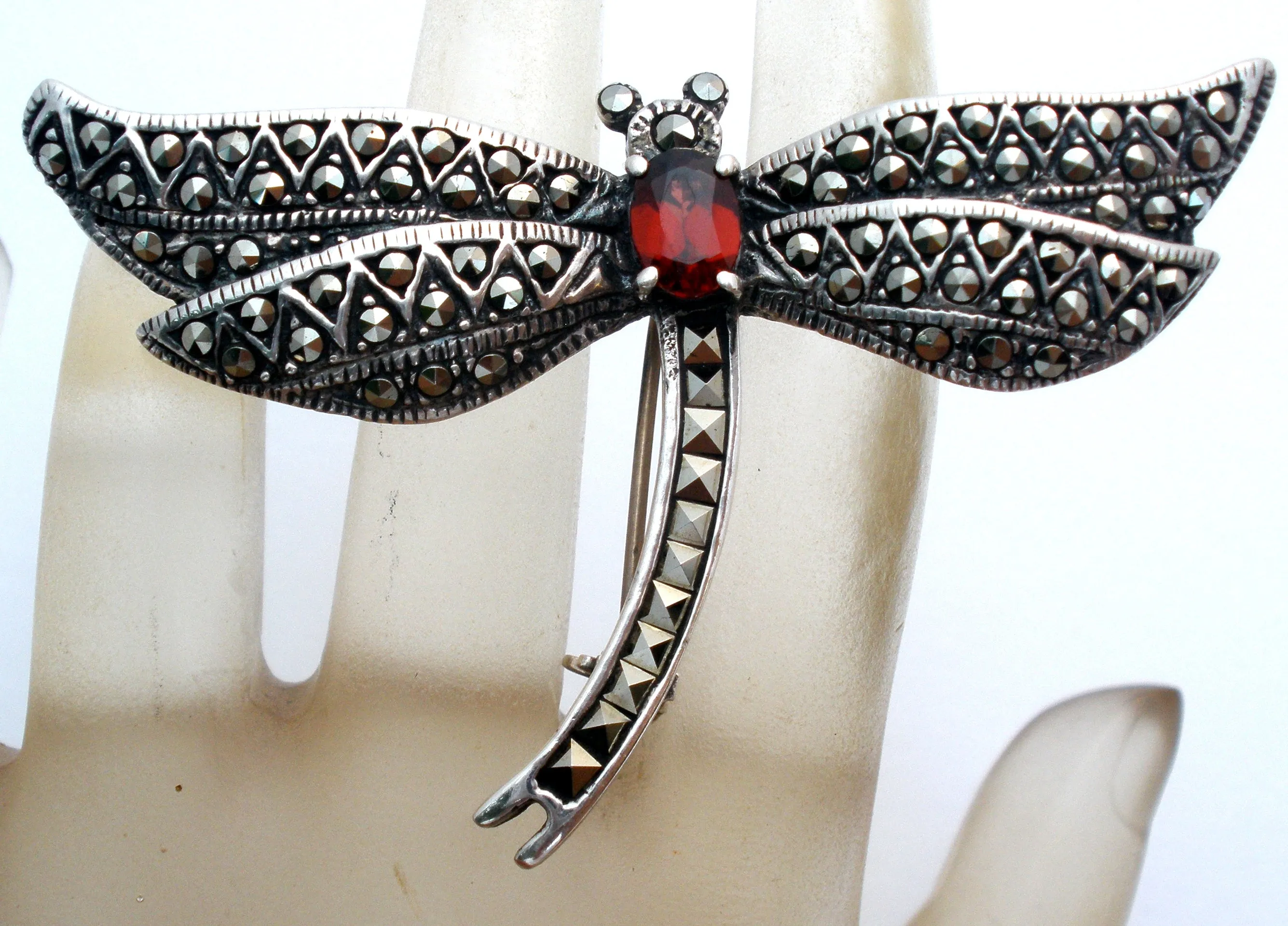 Dragonfly Brooch Pin With Garnet & Marcasites