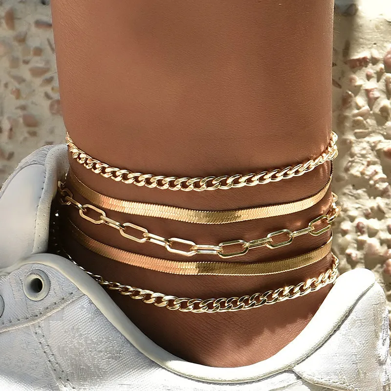 Europe And America Cross Border New Anklet Women's Fashion Multi-layer Metal Chain Anklet Set Combination Anklet