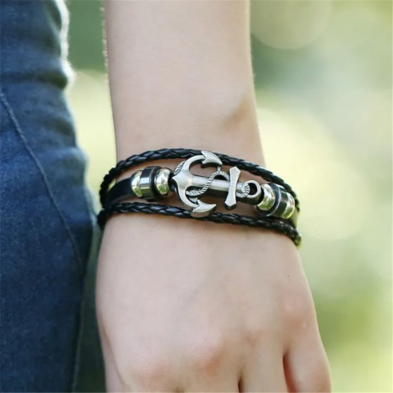 Fashion Alloy Anchor Leather Bracelets Black Charm Bracelets & Bangles for Women Men Jewerly Accessory