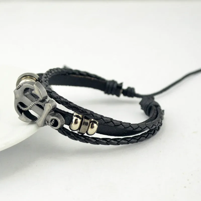 Fashion Alloy Anchor Leather Bracelets Black Charm Bracelets & Bangles for Women Men Jewerly Accessory