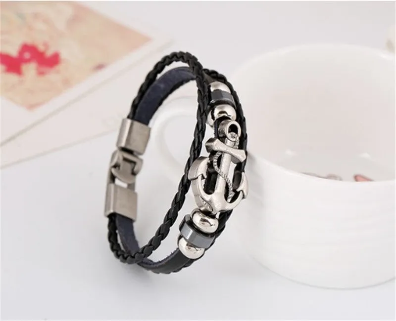 Fashion Alloy Anchor Leather Bracelets Black Charm Bracelets & Bangles for Women Men Jewerly Accessory