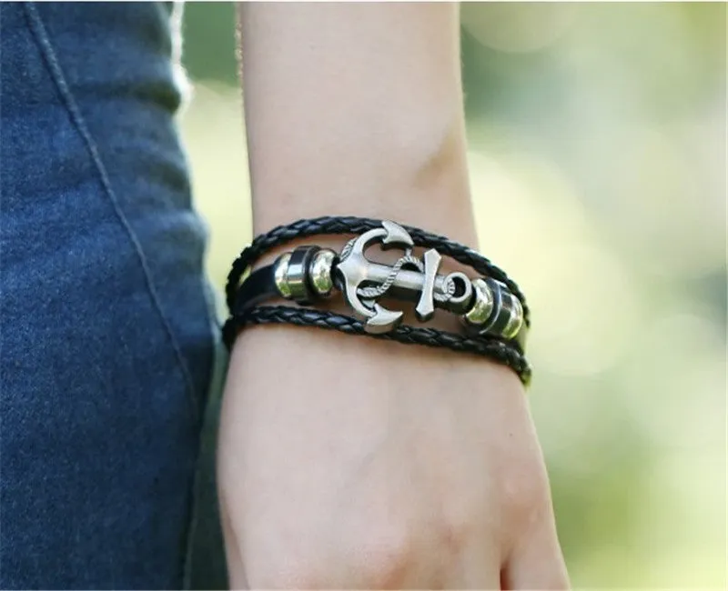 Fashion Alloy Anchor Leather Bracelets Black Charm Bracelets & Bangles for Women Men Jewerly Accessory