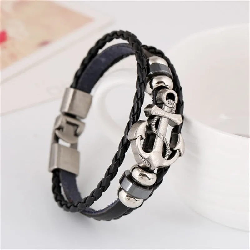 Fashion Alloy Anchor Leather Bracelets Black Charm Bracelets & Bangles for Women Men Jewerly Accessory