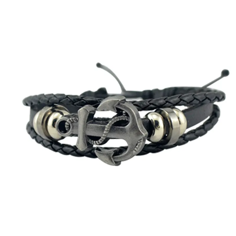 Fashion Alloy Anchor Leather Bracelets Black Charm Bracelets & Bangles for Women Men Jewerly Accessory