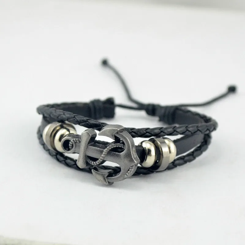 Fashion Alloy Anchor Leather Bracelets Black Charm Bracelets & Bangles for Women Men Jewerly Accessory