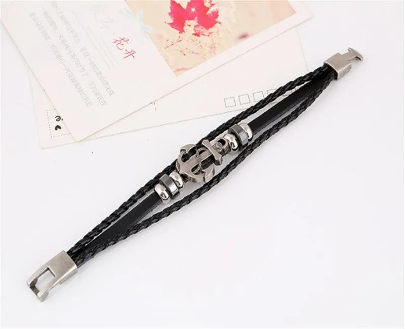 Fashion Alloy Anchor Leather Bracelets Black Charm Bracelets & Bangles for Women Men Jewerly Accessory