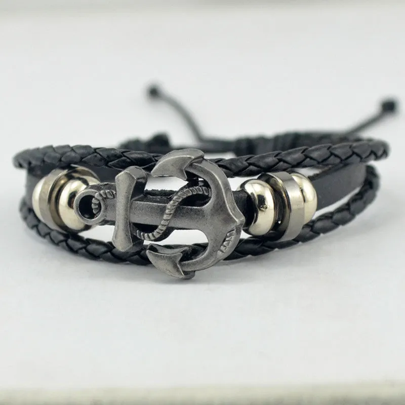 Fashion Alloy Anchor Leather Bracelets Black Charm Bracelets & Bangles for Women Men Jewerly Accessory