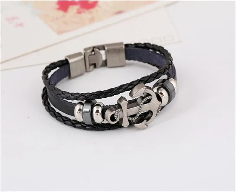 Fashion Alloy Anchor Leather Bracelets Black Charm Bracelets & Bangles for Women Men Jewerly Accessory